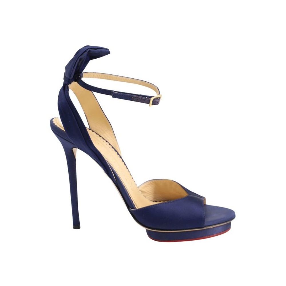 Charlotte Olympia Peep Toe High Heel Sandals in Navy Blue Leather
